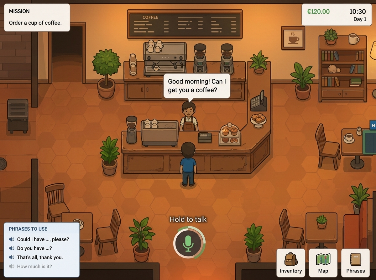 Player talking to Luc the shop clerk using microphone interaction in English